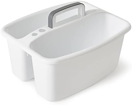 Gracious Living Storage Caddy, 2-Compartment Portable Plastic Tote with Handle for Cleaning Supplies, Craft Organization, & Makeup, White/Gray