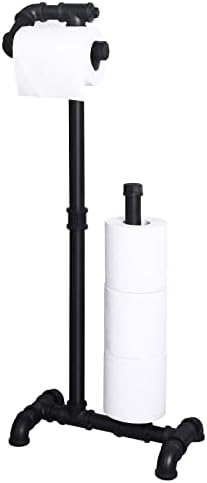 HouseAid Free Standing Industrial Pipe Toilet Paper Holder for Bathroom, Stand Rustic Iron Toilet Roll Holder with Reserve, Vintage Style, Matte Black