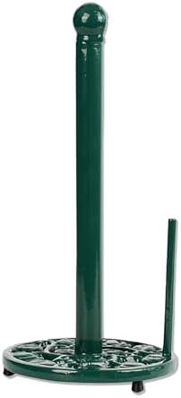 Green Cast Iron Paper Towel Holder for Kitchen Countertop - Vintage Pumpkin Pattern Standing Dispenser with Heavy Weighted Base, Farmhouse Decor, Fits Jumbo Rolls, One-Handed Tear
