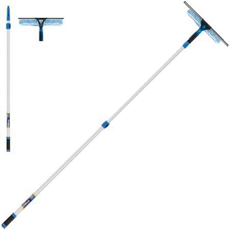 Unger Professional 2-in-1 Squeegee and Scrubber, 14” Window Cleaning Tool and 8’ Connect & Clean Pole, Essential Glass Supplies for Commercial and Residential Use, Microfiber Sleeve