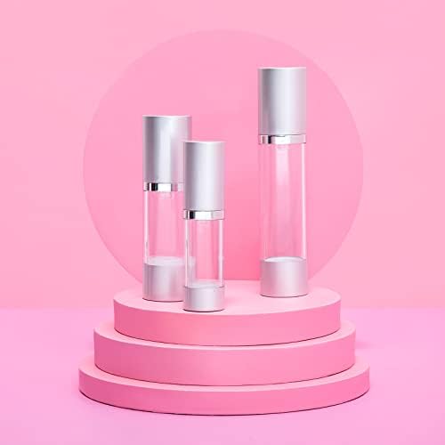 Cosmetic Packaging Now! Luxe Airless Bottle, Clear Airless Bottles w/Matte Silver Cap, Multi-Pack Bundle (50 ML, 6 Pack)