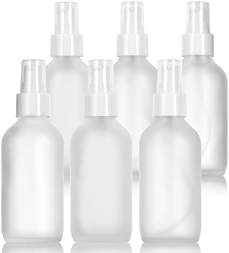 JUVITUS 4 oz / 120 ml Frosted Clear Glass Boston Round Bottle with White Treatment Pump BPA Free Refillable Empty Storage Containers (6 Pack)