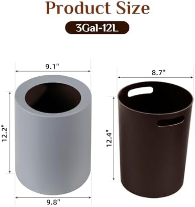 2 Pack Round Modern Trash Can Bedroom, 3Gal/12L Bathroom Trash Can Hidden Bag, Open Top Trash Bin Round Plastic, Minimalist Grey Garbage Can with Inner Bucket (with 2 Handles) for Kitchen Office