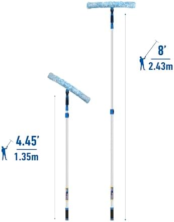 Unger Professional Connect and Clean 18” Grip Microfiber Window Scrubber with 8’ Pole, High-Access Glass Surface Household Cleaning Supplies and Tools, Reusable Microfiber Sleeve