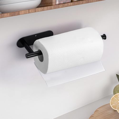 Paper Towel Holder Under Cabinet, 2 Pack Kitchen Paper Towel Holder Wall Mount Self Adhesive Paper Towel Bar Under Counter Hanging Tissue Roll Dispenser for Kitchen Bathroom Organize, Black