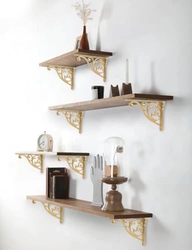 Khtumeware Gold Shelf Bracket 10 Inch, Decorative Brackets for Shelving, Heavy Duty Vintage Ornate Shelf Bracket , Hardware Included, 2 Pack,Antique Gold Finish, 9.84x7x1.73 inch