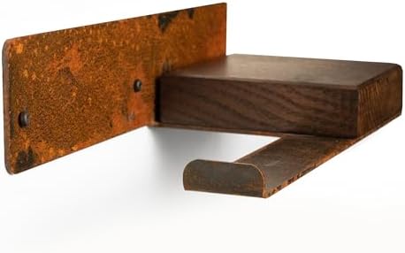 Wall Mount Toilet Paper Holder, Floating Rustic Style WC Roll Rack with Shelf, Unique Brown Steel TP Storage with Ashwood, Farmhouse Design