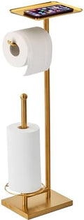 Toilet Paper Holder with Tray At the Top, Heavy-Weighted Base No Wobbly, Freestanding Toilet Paper Rolls Stand, Hold Extra 3 Paper Rolls On the Base (Gold)