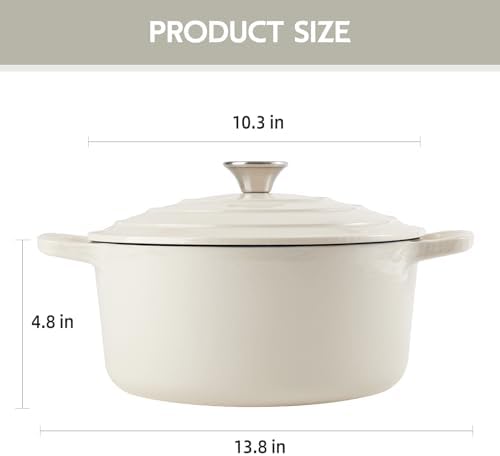 6 Quart Dutch Oven Enameled Cast Iron with Lid - Big Dual Handles - Oven Safe up to 500°F - Classic Round Pot for Versatile Cooking Cream