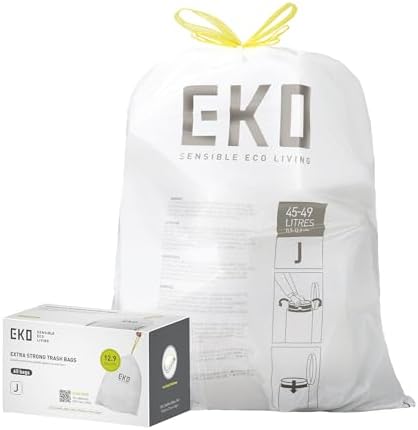 EKO 12.9 Gallon / 45-49 Liter, 60 Count Drawstring Trash Bags, Extra-Strong Unscented Garbage Bags, Easy-Dispense Roll for Kitchen & Household Use, Resists Tears, Leaks and Punctures, Code J, White