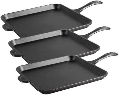 Lodge Seasoned Cast Iron Square Griddle - 11 Inches - Durable Pan - Cast Iron Cookware for Pancakes, Eggs, Bacon & Grilling Favorites (Pack of 3)