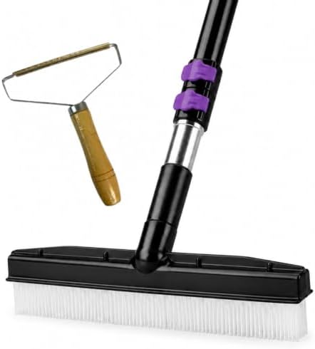 Room Groom PET Carpet Rake Groomer with Telescoping 54 " Adjustable Handle, with Lint Remover Brush Tool, Carpet Brush for Pet Hair and Refreshing Carpets, (Black/Purple)