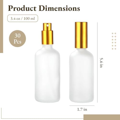 30 Pcs Frosted Glass Spray Bottles - 3.4 oz / 100 ml Refillable Empty Perfume Atomizer, Fine Mist Spray Bottle, Leak-Proof Reusable Containers for Travel, Essential Oils & Liquid Dispensing (Gold)