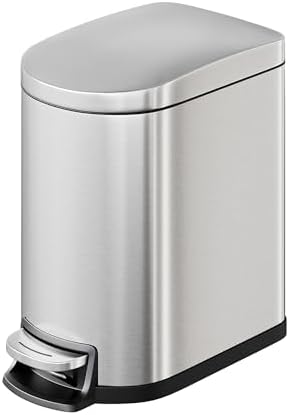 GarveeHome 1.6 Gal Step-On Trash Can, Stainless Steel Small Bathroom Garbage Bin with Soft Close Lid, Slim Space-Saving Design, Removable Inner Bucket for Bathroom, Bedroom, Office, Silver