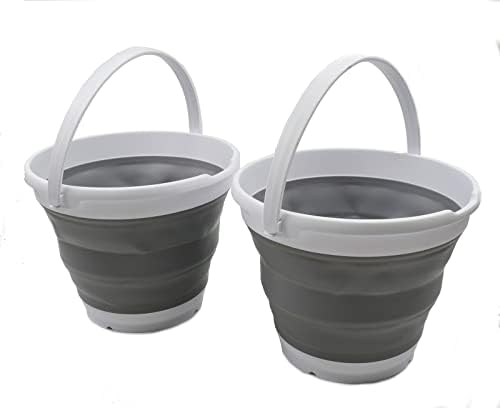 SAMMART 10L (2.6 Gallon) Collapsible Plastic Bucket - Foldable Round Tub - Portable Fishing Water Pail - Space Saving Outdoor Waterpot. Size 31cm Dia (White/Grey (Set of 2))