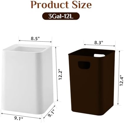 2 Pack Square Modern Trash Can Bedroom, 3Gal/12L Bathroom Trash Can Hidden Bag, Open Top Trash Bin Square Plastic, Minimalist White Garbage Can with Inner Bucket (with 2 Handles) for Kitchen Office