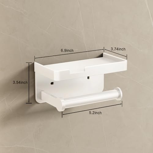 VOLDRA Toilet Paper Holder with Phone Shelf, Self-Adhesive or Screw Toilet Tissue Roll Holder Wall Mount, Rustproof & Multifunctional Bathroom Toilet Paper Holder Storage Dispenser(White)