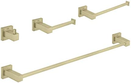 KIBI Cube 4-Piece Brushed Gold Bathroom Hardware Set | Solid Brass Wall Mount Tissue Paper Holder and Towel Ring Set | Includes Towel Bar, Towel Ring, Toilet Paper Holder, and Robe Hook (C-KBA15-4)