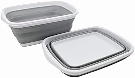 SAMMART 10L (2.6 Gallons) Collapsible Tub - Foldable Dish Tub - Portable Washing Basin - Space Saving Plastic Washtub (White/Grey, 2)
