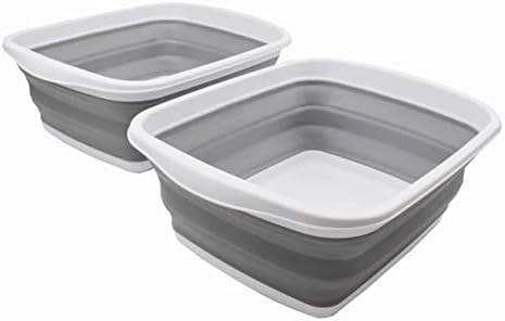 SAMMART 10L (2.6 Gallons) Collapsible Tub - Foldable Dish Tub - Portable Washing Basin - Space Saving Plastic Washtub (White/Grey, 2)