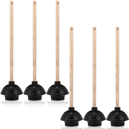 Dandat 6 Pcs Heavy Duty Rubber Toilet Plunger with Wooden Handle, Black