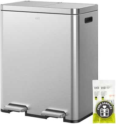 EKO Edison Dual Trash Can for Recycling and Trash, 8+8 Gallons Kitchen Garbage Can with Dual Removable Inner Liners, Independent Lids and Pedals, Matte Stainless Steel