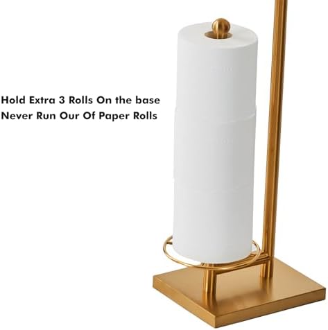 Toilet Paper Holder with Tray At the Top, Heavy-Weighted Base No Wobbly, Freestanding Toilet Paper Rolls Stand, Hold Extra 3 Paper Rolls On the Base (Gold)