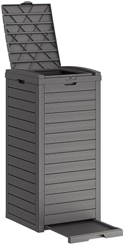 Waterproof Outdoor Trash Can with Lid, Plastic Outdoor Garbage Can with Drip Tray, Large Trash Can Outside for Patio, Garage, Pool, Garden, Backyard & Deck, Dark Gray (31 Gallon)