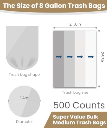 Charmount 8 Gallon Trash Bags, 500 Count Medium Garbage Bags, Bulk Pack