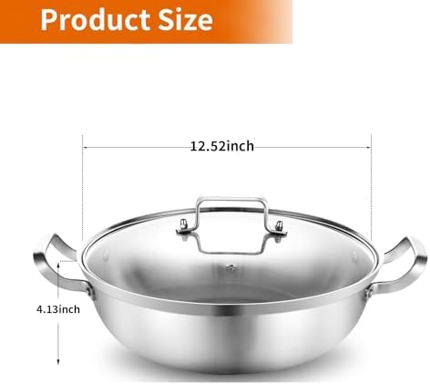Delarlo Tri-Ply Stainless Steel Hot Pot 14 inch Everyday pan With lid,7QT