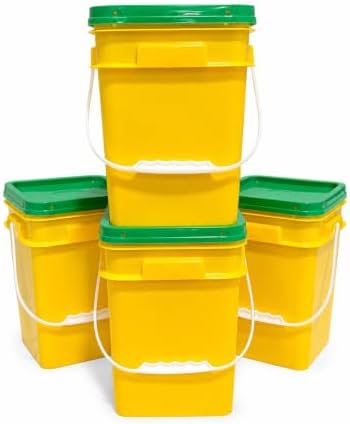 House Naturals 4 Gallon Square Food Grade Bucket Pail with Lid (Pack of 4) Made in USA containers (Yellow - Green lids)