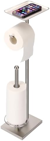Toilet Paper Holder with Tray At the Top, Heavy-Weighted Stainless Steel Base No Wobbly, Freestanding Toilet Paper Rolls Stand, Hold Extra 3 Paper Rolls On the Base (Brushed Nickel)