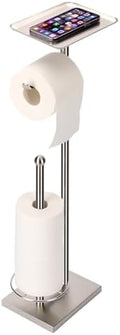 Toilet Paper Holder with Tray At the Top, Heavy-Weighted Stainless Steel Base No Wobbly, Freestanding Toilet Paper Rolls Stand, Hold Extra 3 Paper Rolls On the Base (Brushed Nickel)