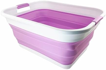 SAMMART 41L (10.8 gallon) Collapsible Plastic Laundry Basket - Foldable Pop Up Storage Container/Organizer - Portable Washing Tub - Space Saving Hamper/Basket (Rectangular, White/Pale Purple)