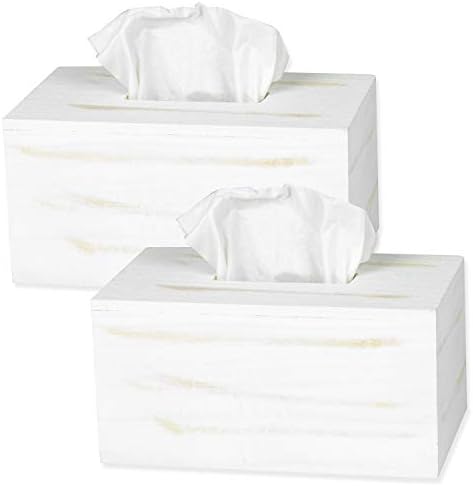 Ilyapa Rustic Wood Tissue Box Cover, Rectangular - White, 2 Pack, Farmhouse