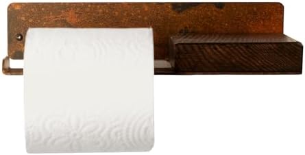 Wall Mount Toilet Paper Holder, Floating Rustic Style WC Roll Rack with Shelf, Unique Brown Steel TP Storage with Ashwood, Farmhouse Design