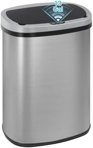Kitchen Trash Can | Stainless Steel 13 Gallon Trash Can | 50L Touch Free Garbage Can with Lid | Electronic Sensor High Capacity Trash Bin for Bathroom Kitchen Office, Silver