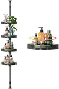 AKINBAS 360° Rotating Shower Caddy Tension Pole with 4-Tier Rustproof Lazy Susan 35-128 Inch No Drilling Coner Shelves Adjustable Shower Rack for Bathroom Bathtub Washbasin Plant Storage (Black+Green)
