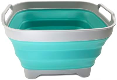 SAMMART 7.5L (2 gallons) Collapsible Plastic Dishpan with Draining Plug - Portable Washing Basin - Foldable Dish Washing Tub - Pop Up Saving (Grey/Pine, 1)