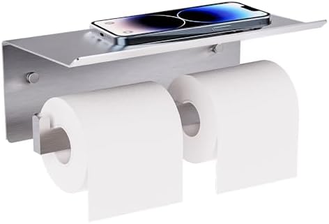 Double Toilet Paper Holder with Shelf, FreshGlow Large Tissue Holder Brushed Nickel, Wall Mount Commercial Toilet Paper Dispenser Phone Shelf Stainless Steel, Tissue Roll for Bathroom
