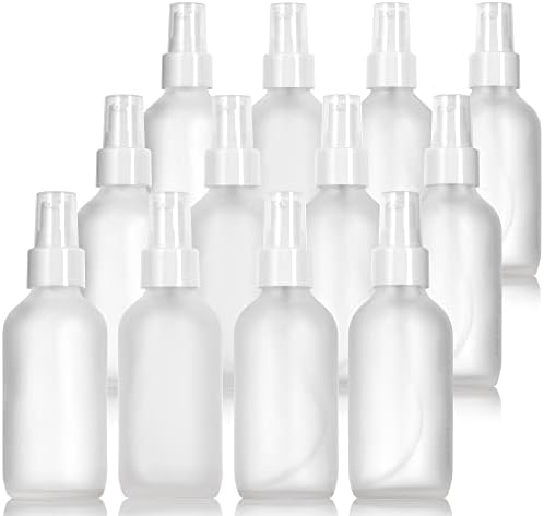 JUVITUS 4 oz / 120 ml Frosted Clear Glass Boston Round Bottle with White Treatment Pump BPA Free Refillable Empty Storage Containers (12 Pack) + Travel Foamer