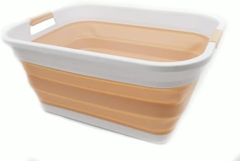 SAMMART 41L (10.8 gallon) Collapsible Plastic Laundry Basket - Foldable Pop Up Storage Container/Organizer - Portable Washing Tub - Water capacity: 32L (8.4 gallon) (Rectangular, White/Beige)