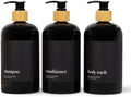 Heartland Lettering's Stylish Glossy Black Shampoo Dispensers with Matte Black Labels, Set of 3 Modern Shatterproof Plastic Bottles with Bamboo Pumps Instantly add Organization to Your Bathroom