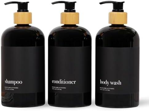 Heartland Lettering's Stylish Glossy Black Shampoo Dispensers with Matte Black Labels, Set of 3 Modern Shatterproof Plastic Bottles with Bamboo Pumps Instantly add Organization to Your Bathroom