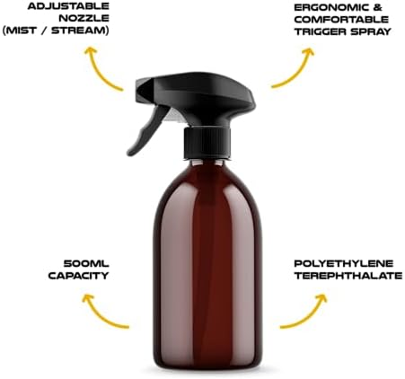 Pack of 6 - Amber Empty Plastic Squirt Bottles for Cleaning Supplies, 500ml - Hand Trigger Empty Spray Bottles for Gardening Home Cleaning - Heavy duty Industrial Refillable Mist Spray Bottles