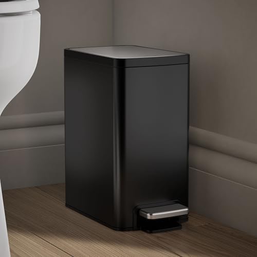 Kohler 31319-BST Bathroom Trash Can, 1.6 Gallon, 6-Liter Step Can, Quiet-Close Small Trash Can with Foot Pedal, Black Stainless