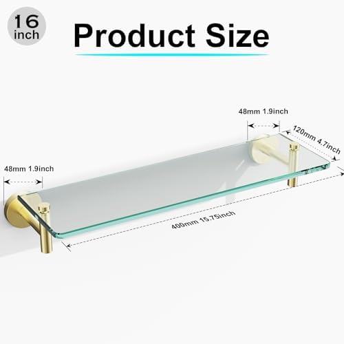 Glass Shelves for Bathroom,16-Inch Brushed Gold Floating Bathroom Shelf Stainless Steel Tempered Glass Shelf Modern Shelves wall Mounted