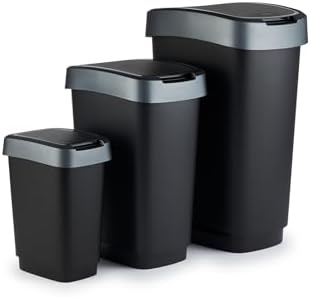 Rotho Twist Kitchen Bin Set of 3 10 L 25 L 50 L Lid Black/Silver
