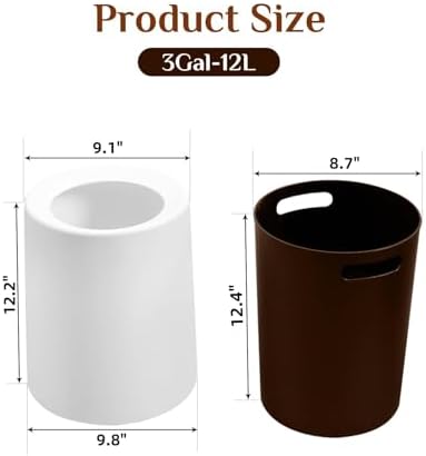 2 Pack Round Modern Trash Can Bedroom, 3Gal/12L Bathroom Trash Can Hidden Bag, Open Top Trash Bin Round Plastic, Minimalist White Garbage Can with Inner Bucket (with 2 Handles) for Kitchen Office