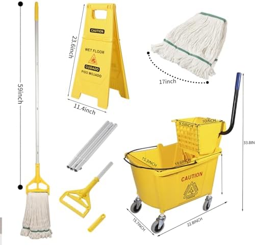 Midoneat Commercial Mop Bucket with Wringer on Wheels, 35 Quart, Yellow